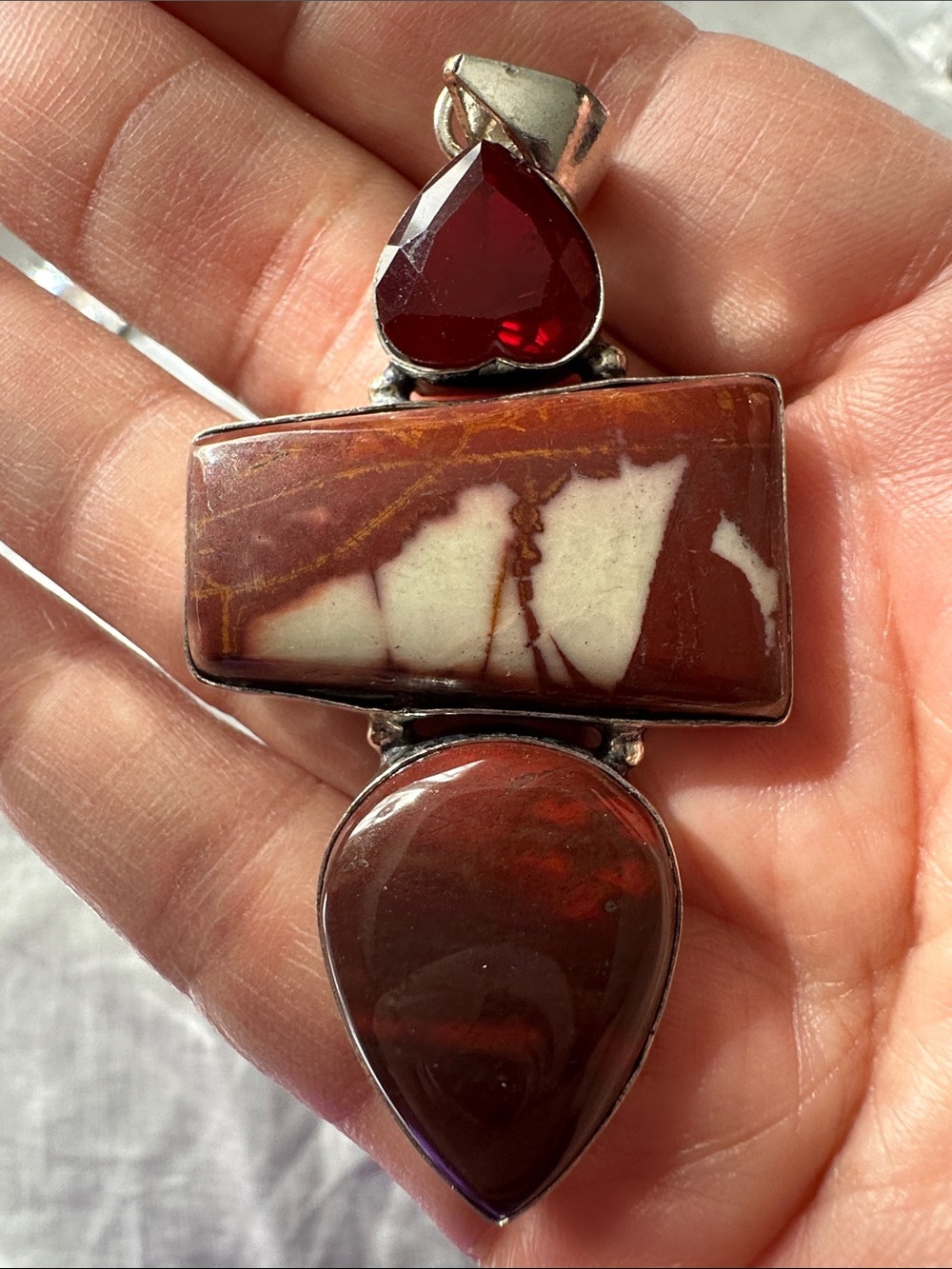 RUBYRUDI Artisan Jewelry Silver Mookaite, Red Jasper & Crystal Pendant Necklace